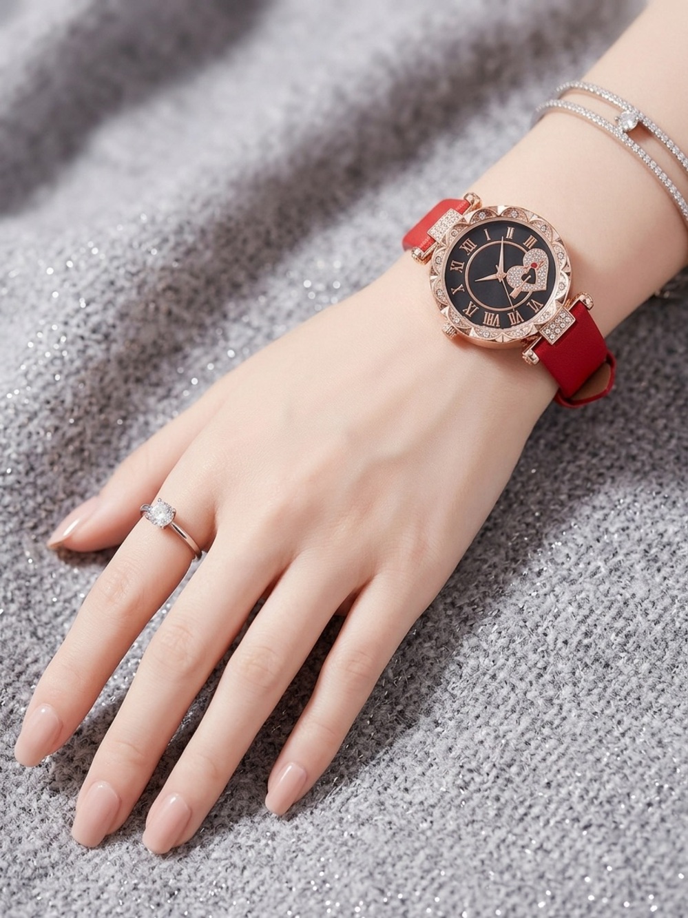 Elegant Red Women's Crystal Accent Wristwatch